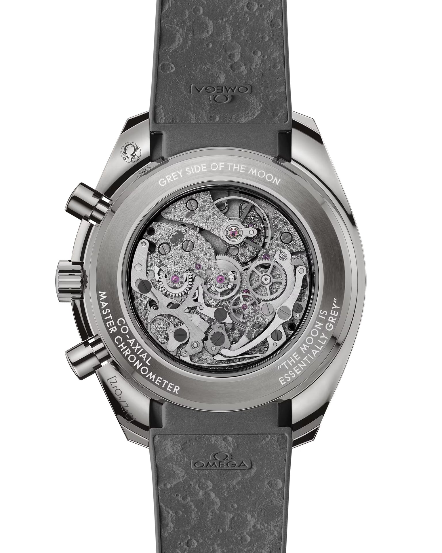 Back of OMEGA Dark Side of The Moon showing back of strap and face with grey strap and silver back of face