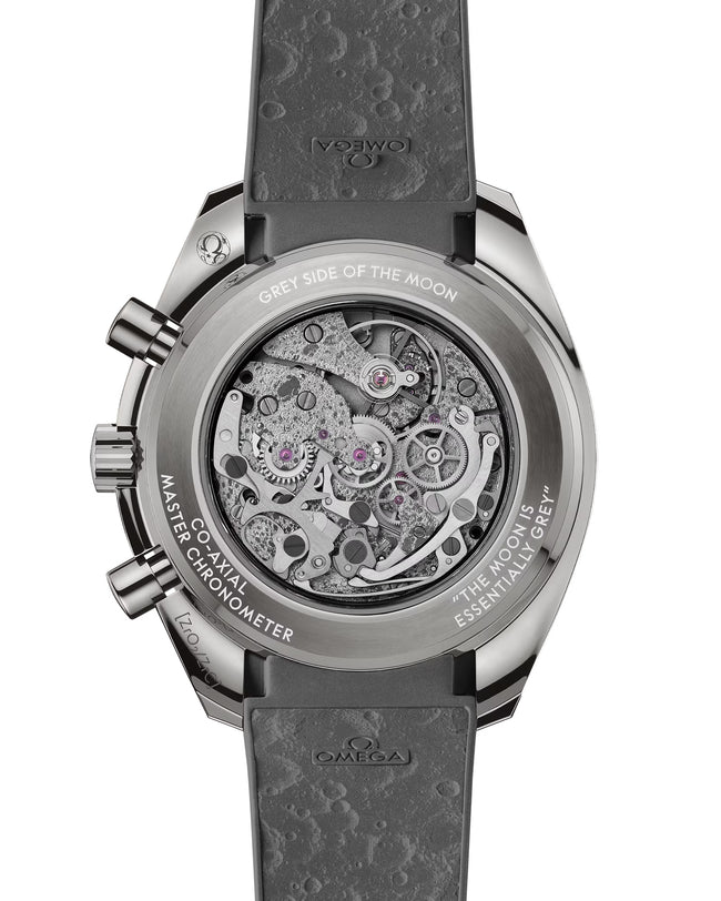 Back of OMEGA Dark Side of The Moon showing back of strap and face with grey strap and silver back of face