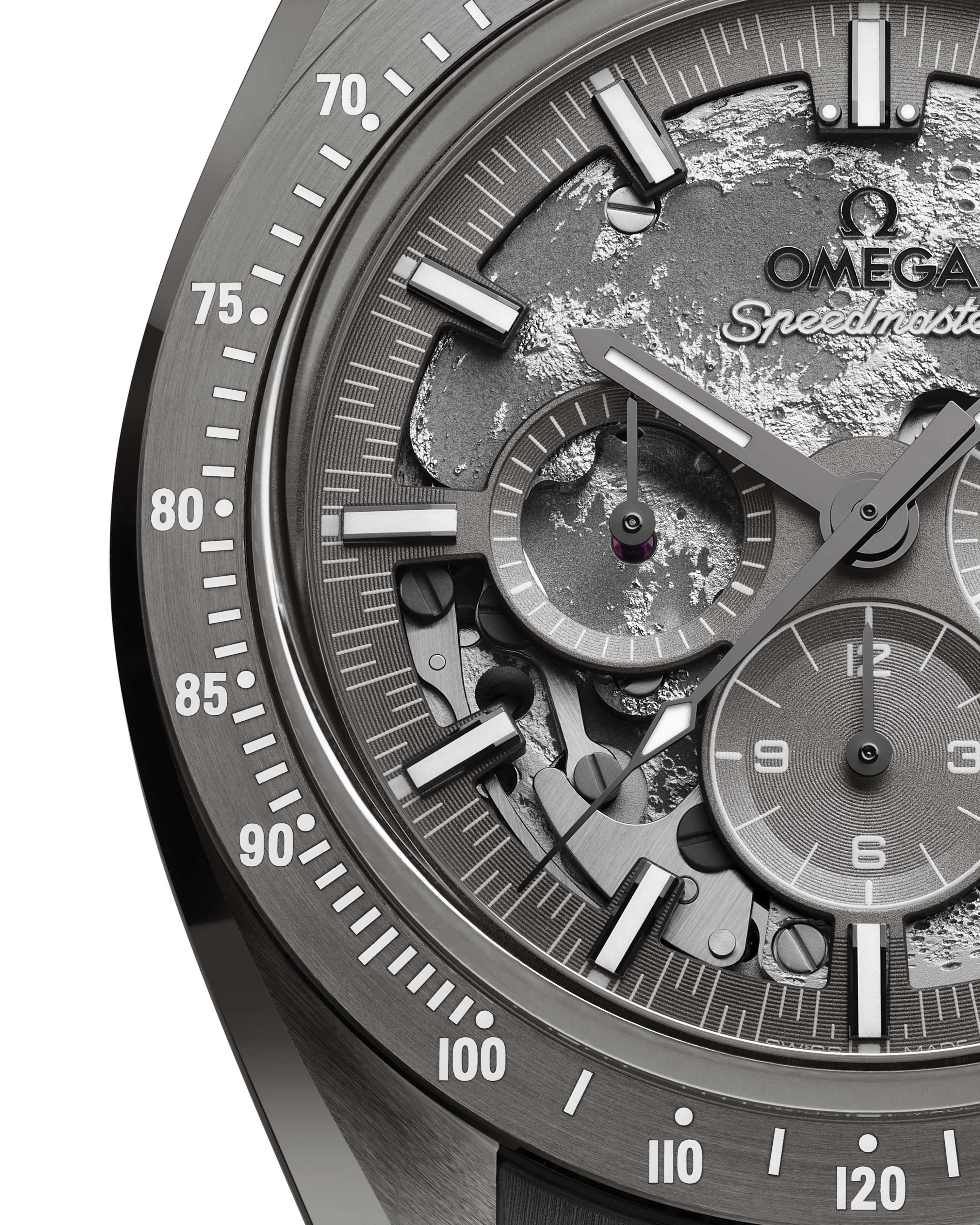 Close up of OMEGA Dark Side of The Moon with grey dial and detailed grey metal face