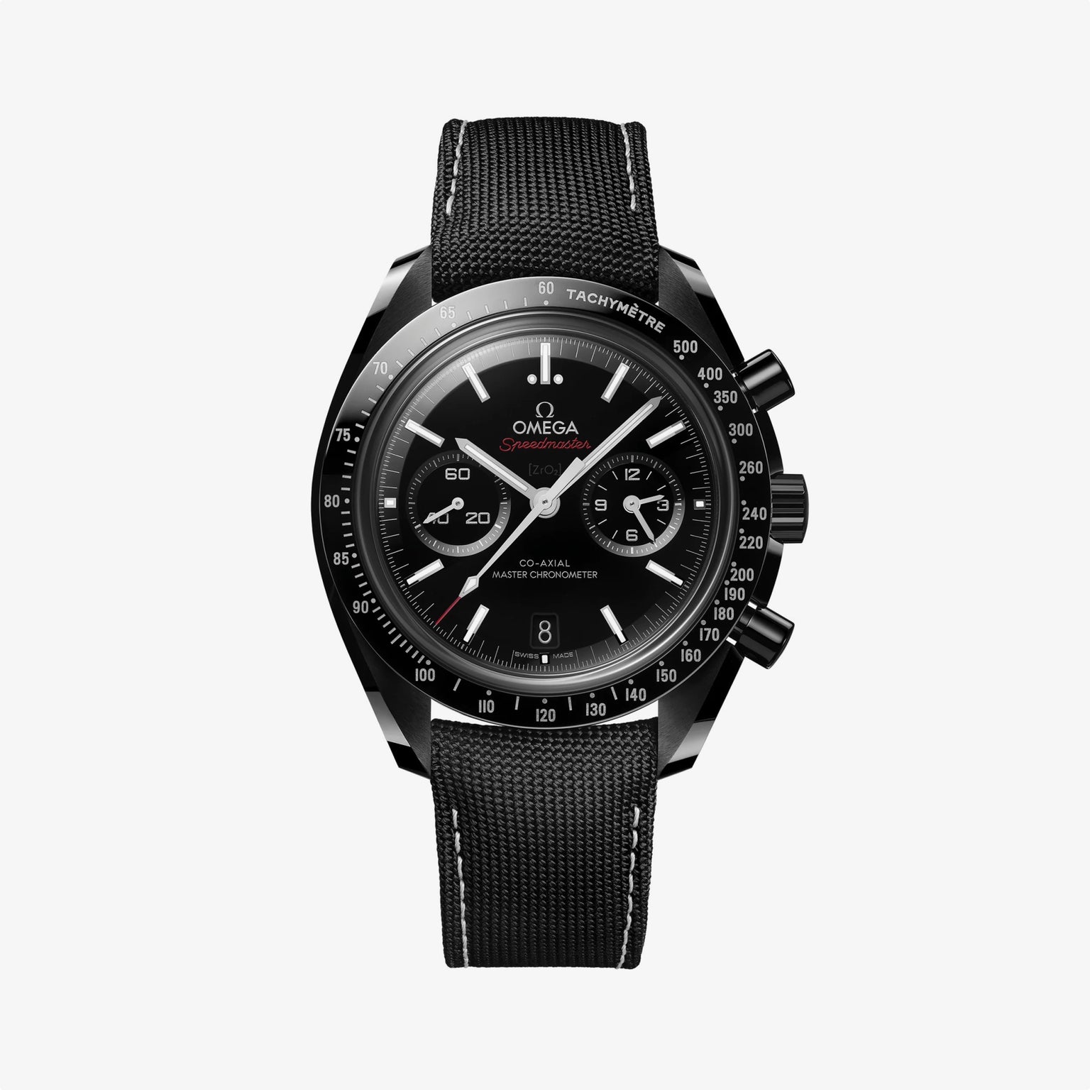 OMEGA Speedmaster Dark Side of the Moon black watch with black fabric strap white stiching