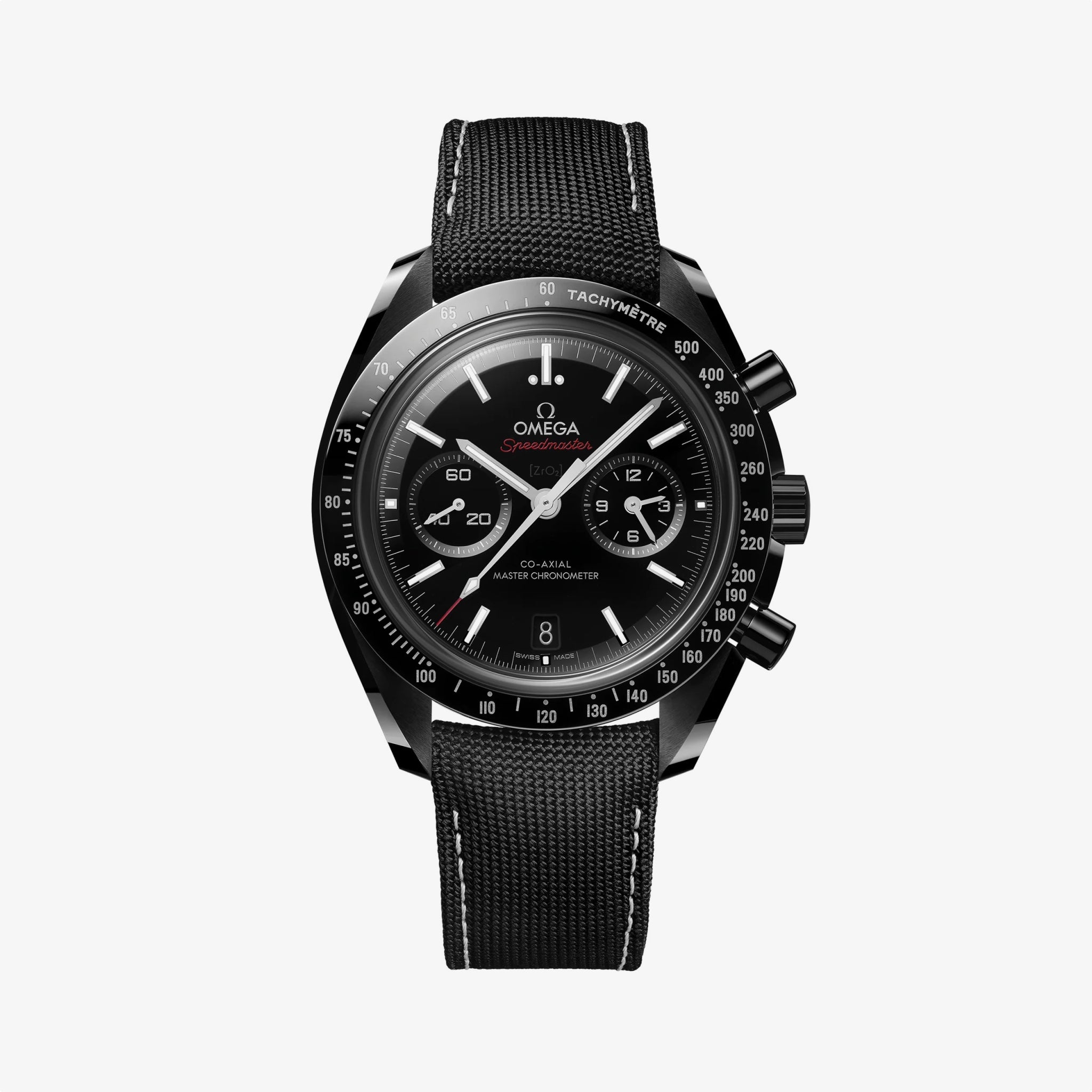 OMEGA Speedmaster Dark Side of the Moon black watch with black fabric strap white stiching