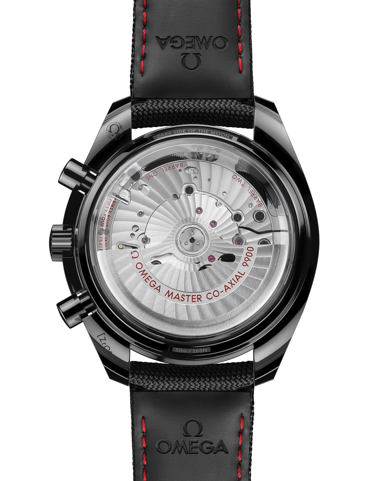 Back of OMEGA Dark Side of The Moon showing back of strap and face with red stitching