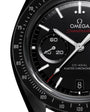 Close up of OMEGA Dark Side of The Moon with grey dial and detailed black watch face and white dial