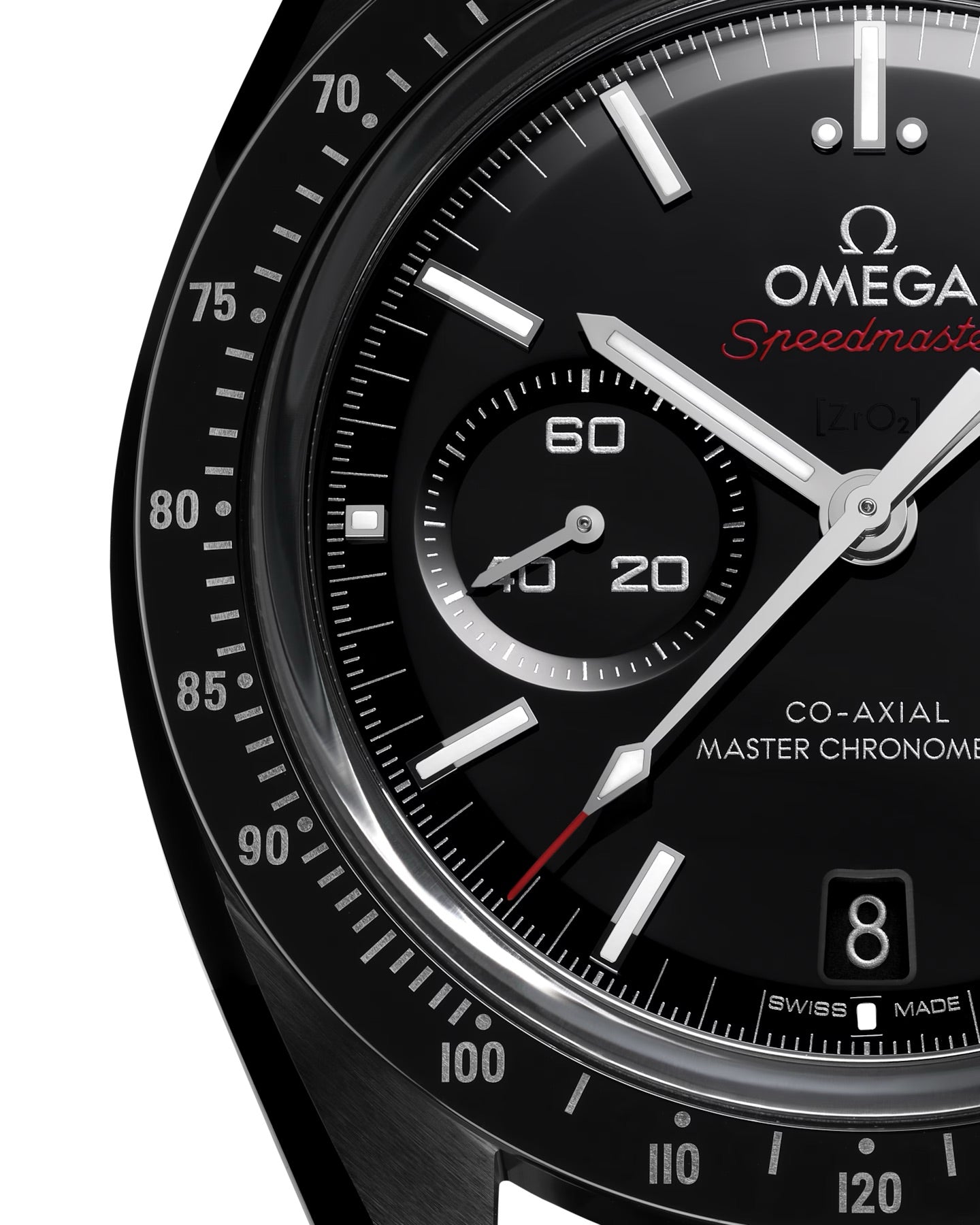 Close up of OMEGA Dark Side of The Moon with grey dial and detailed black watch face and white dial