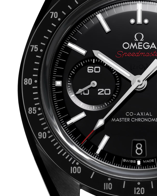 Close up of OMEGA Dark Side of The Moon with grey dial and detailed black watch face and white dial