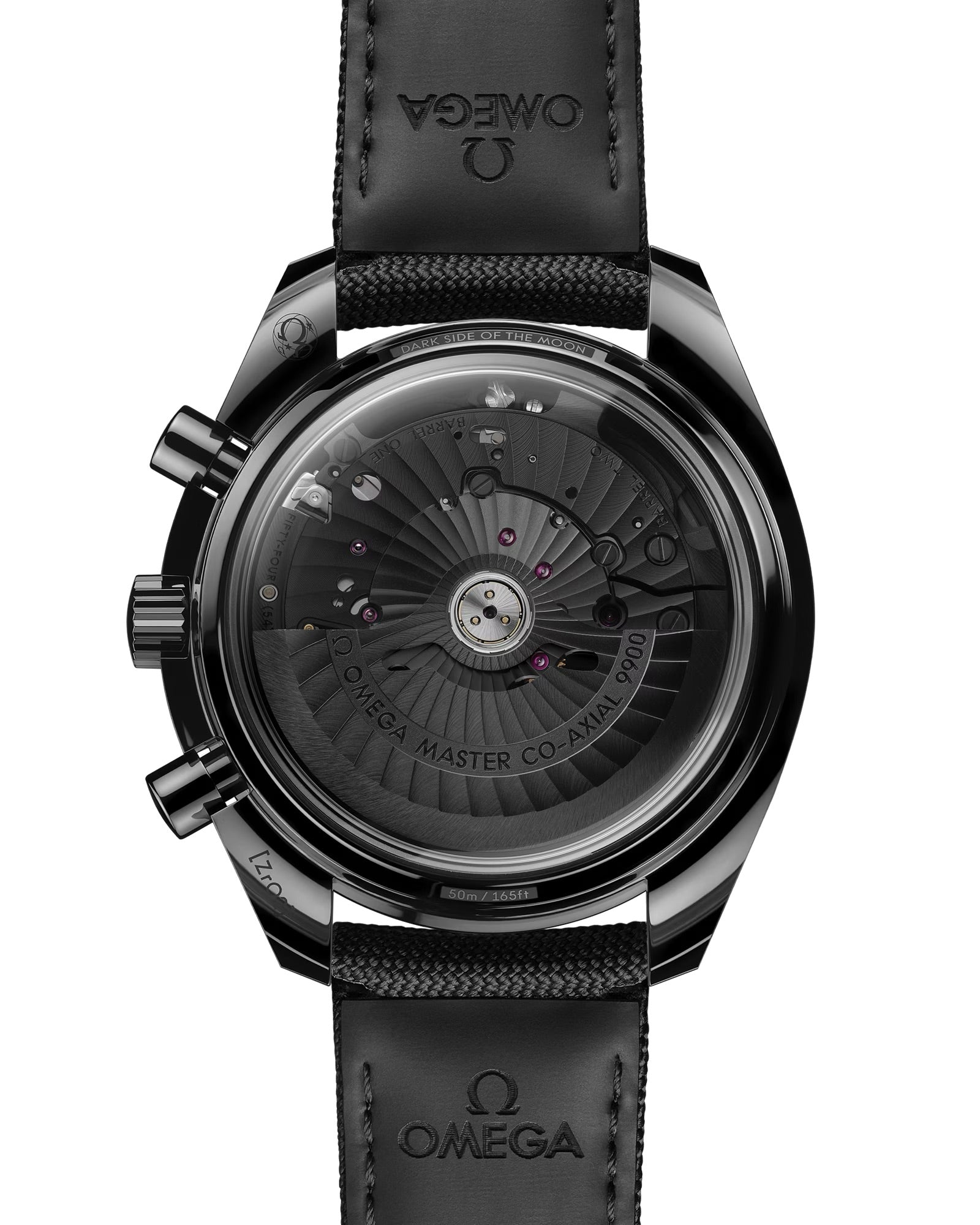 Back of OMEGA Dark Side of The Moon showing back of strap and face with leather strap