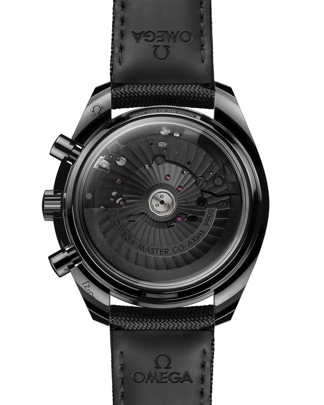 Back of OMEGA Dark Side of The Moon showing back of strap and face with leather strap