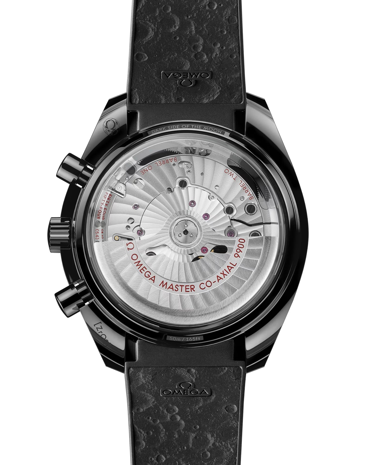 Back of OMEGA Dark Side of The Moon showing back of strap and face silver