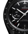 Close up of OMEGA Dark Side of The Moon with white dial and detailed black and red face