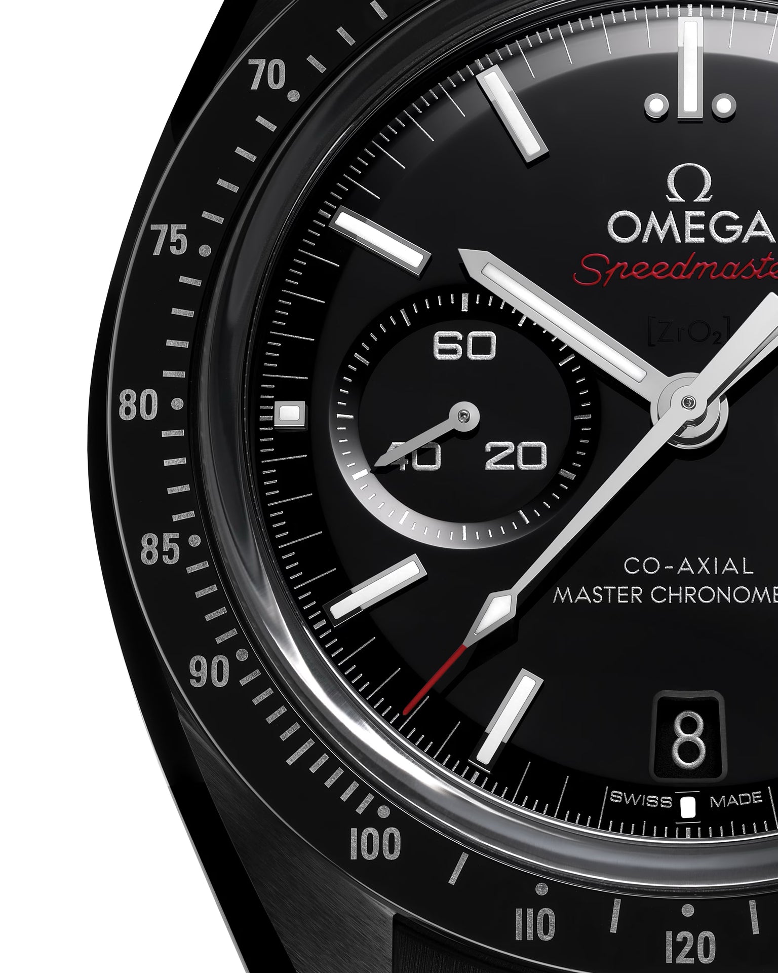 Close up of OMEGA Dark Side of The Moon with white dial and detailed black and red face