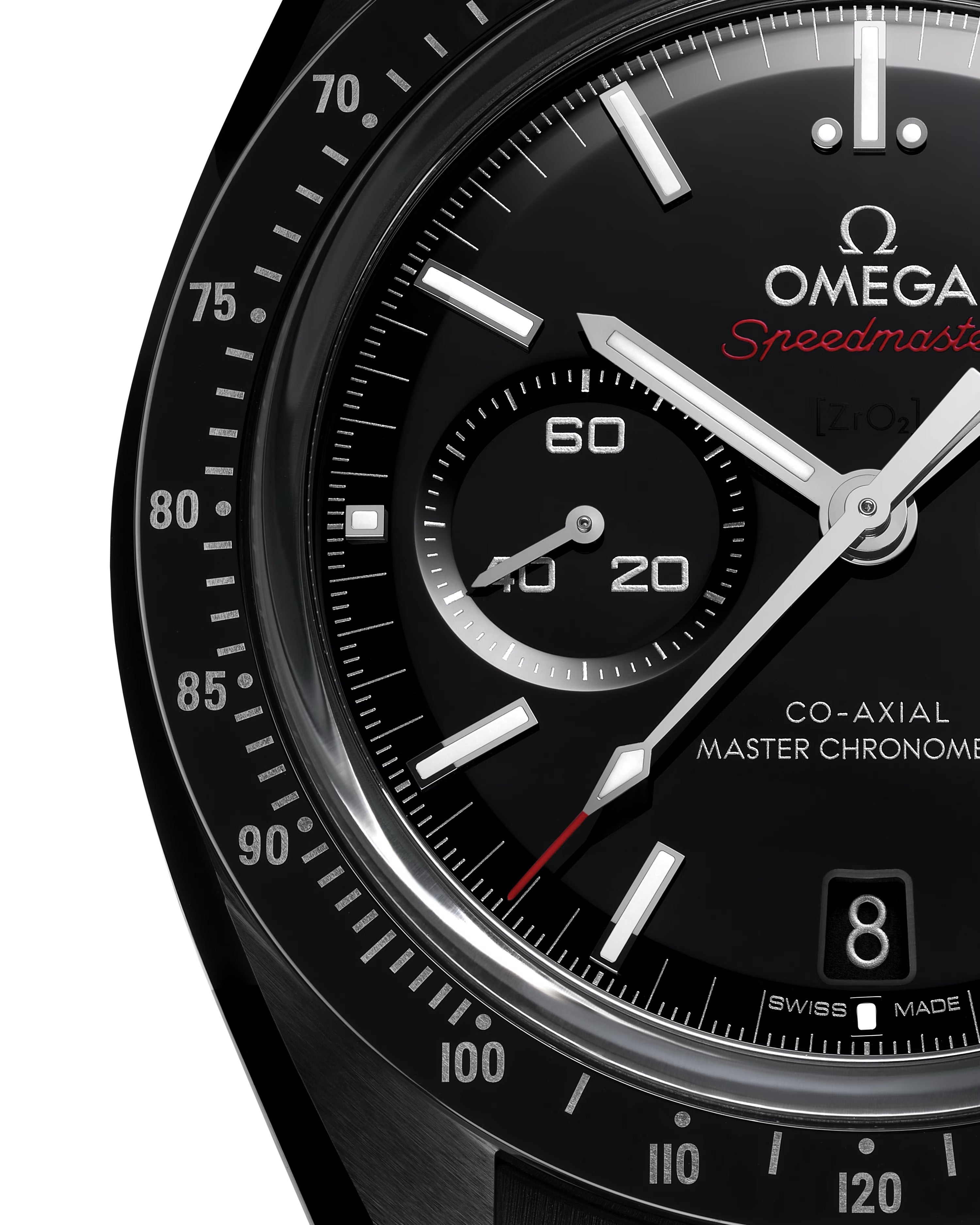 Close up of OMEGA Dark Side of The Moon with white dial and detailed black and red face