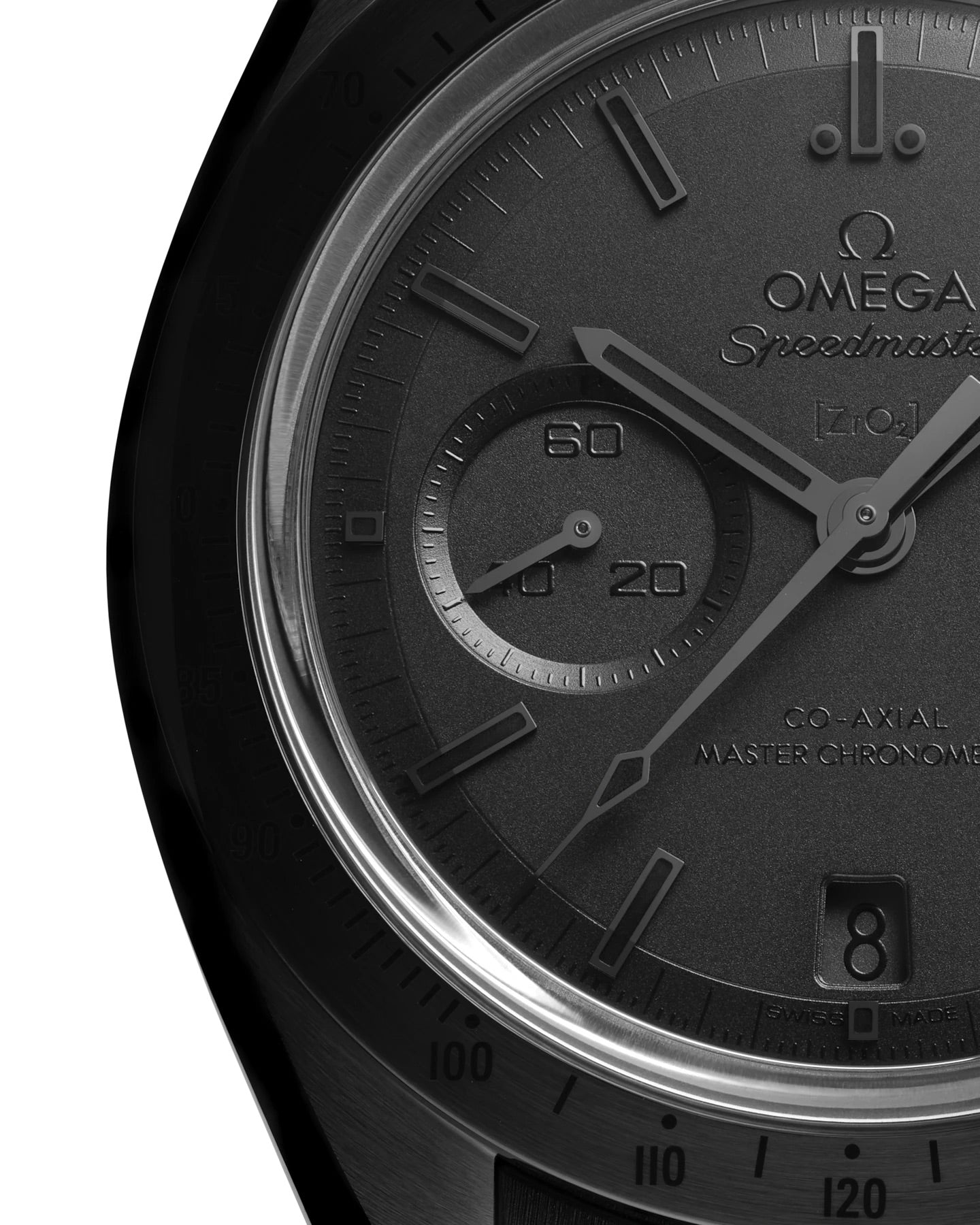 Close up of OMEGA Dark Side of The Moon with black dial and detailed matte black face