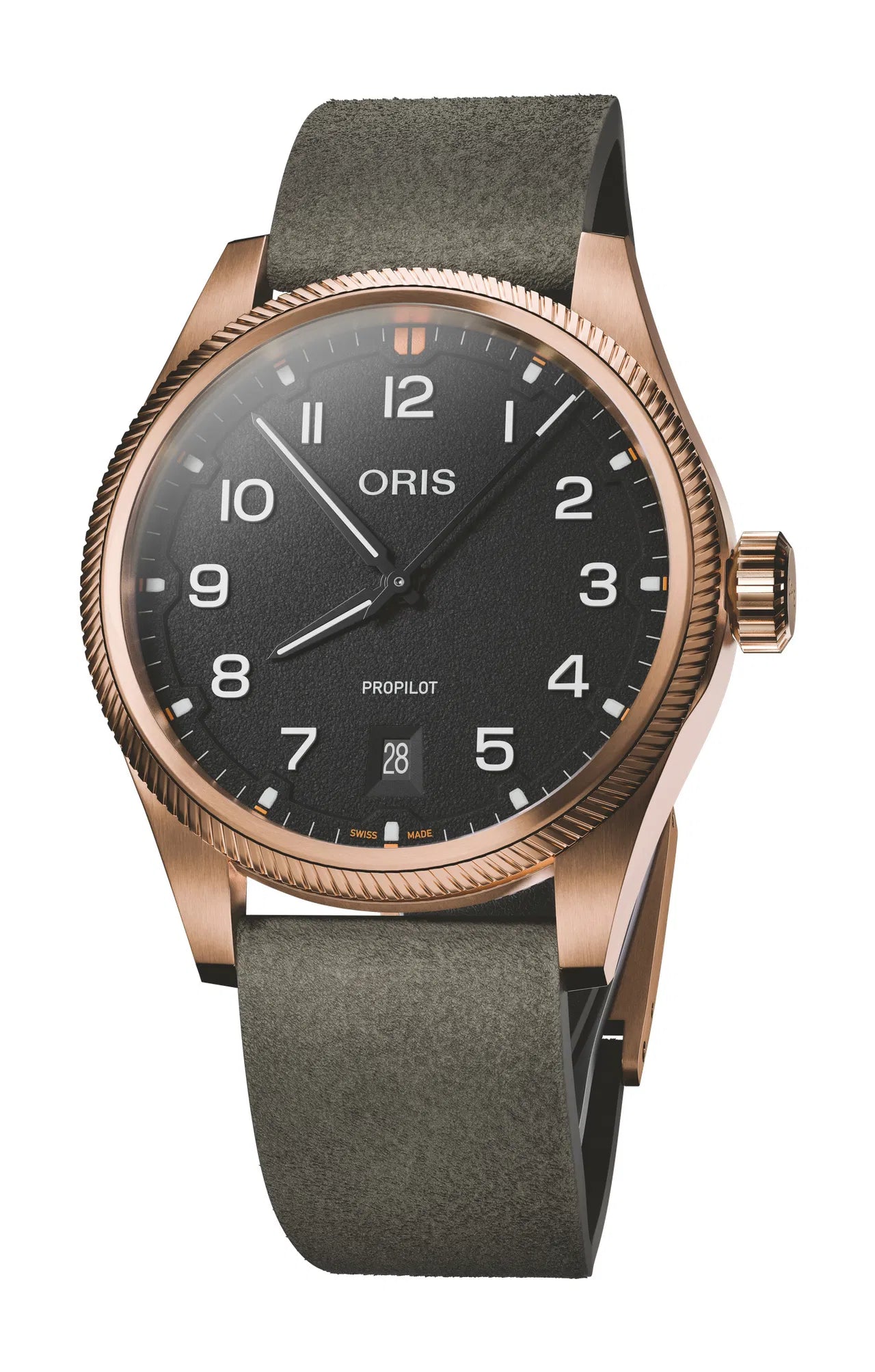 Oris Propilot watch with bronze case, dark dial, Arabic numerals, and olive green fabric strap.