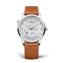 The Jaeger-LeCoultre Master Control Geographic travel watch features a silver case, white dial with multiple subdials, blue hands, and a brown leather strap, shown against a white background.