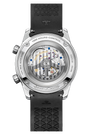 A close-up of the Jaeger-LeCoultre Polaris Date watch back reveals the intricate Calibre 899 movement through a transparent case, fine engravings, and a black textured rubber strap.