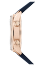Side view of the Jaeger-LeCoultre Polaris Perpetual Calendar featuring a pink gold case, two engraved crown buttons, domed glass face, and dark blue leather strap against a plain white background.
