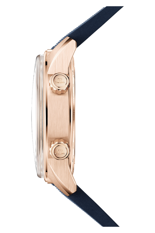 Side view of the Jaeger-LeCoultre Polaris Perpetual Calendar featuring a pink gold case, two engraved crown buttons, domed glass face, and dark blue leather strap against a plain white background.