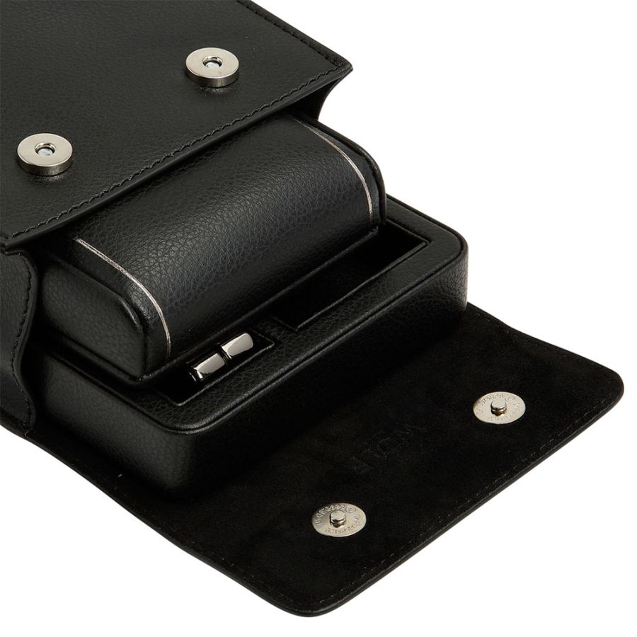 Close-up of a black leather wallet with silver rivets on a white background
