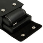 Close-up of a black leather wallet with silver rivets on a white background