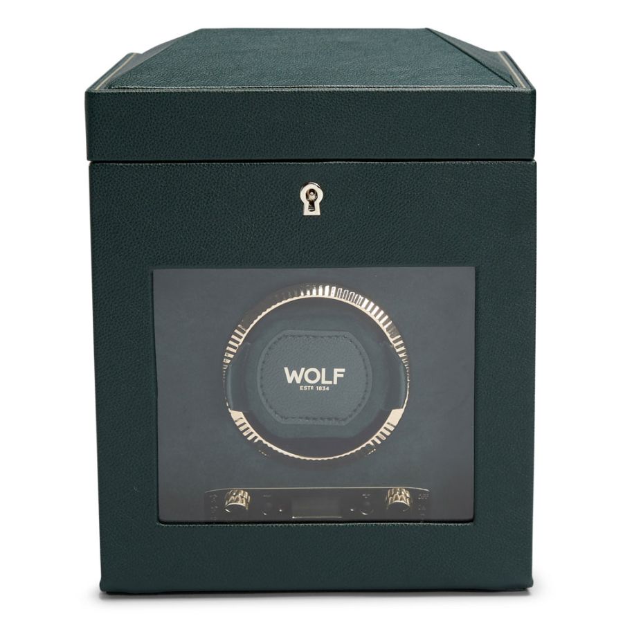 Dark green leather watch winder box with single rotating watch platform, control panel, and lockable closure.