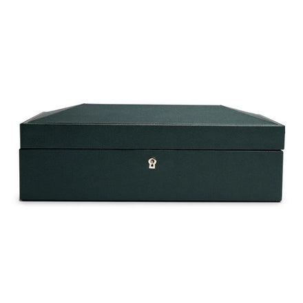 Dark green rectangular watch box with hinged lid and silver lock mechanism.