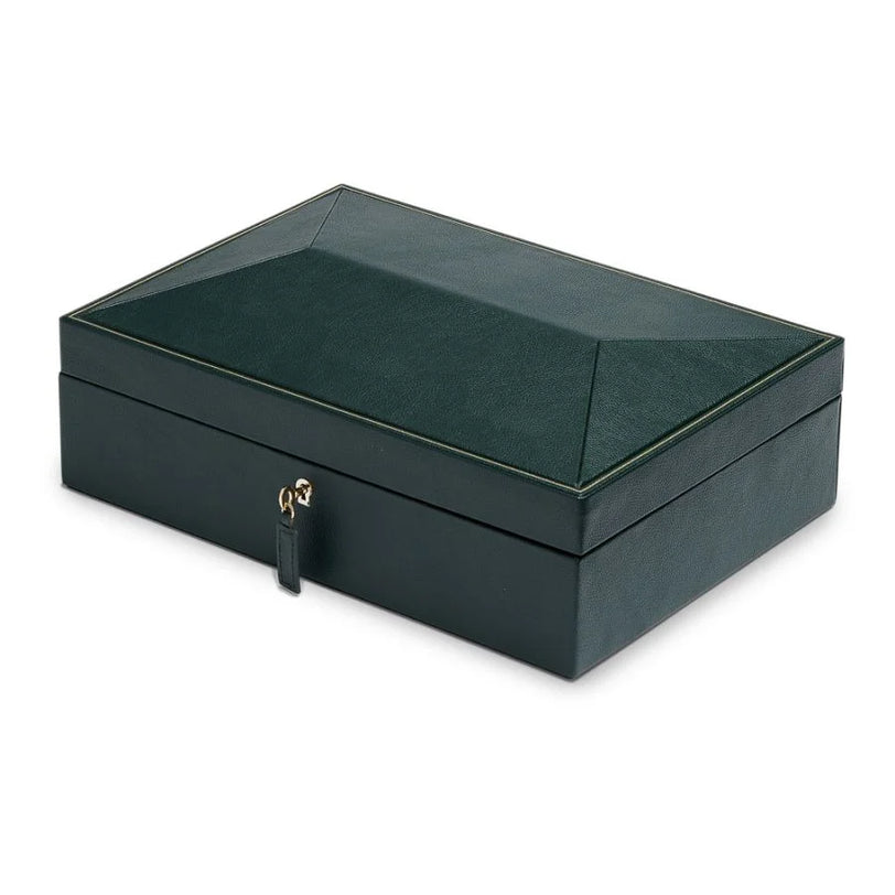 Dark green leather watch box with gold-tone hardware and lock closure, featuring cushioned interior compartments.