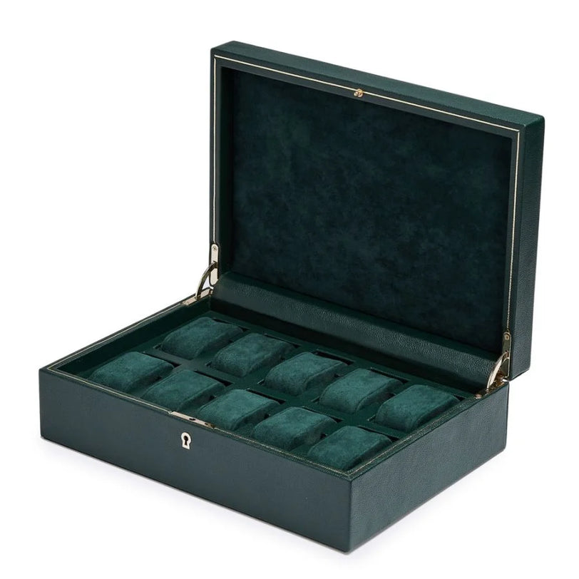 Dark green leather watch box with hinged lid open, displaying 10 green velvet watch pillows inside.