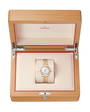 OMEGA Seamaster Aqua Terra 150M 30mm, Moonshine™ gold on Moonshine™ gold Watch, with a Diamond Bezel and Mother-of-Pearl Dial with Diamond Markers on a Moonshine™ gold integrated bracelet in a wooden box.