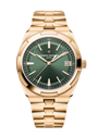 Rose gold watch with green dial, date window, and matching link bracelet.