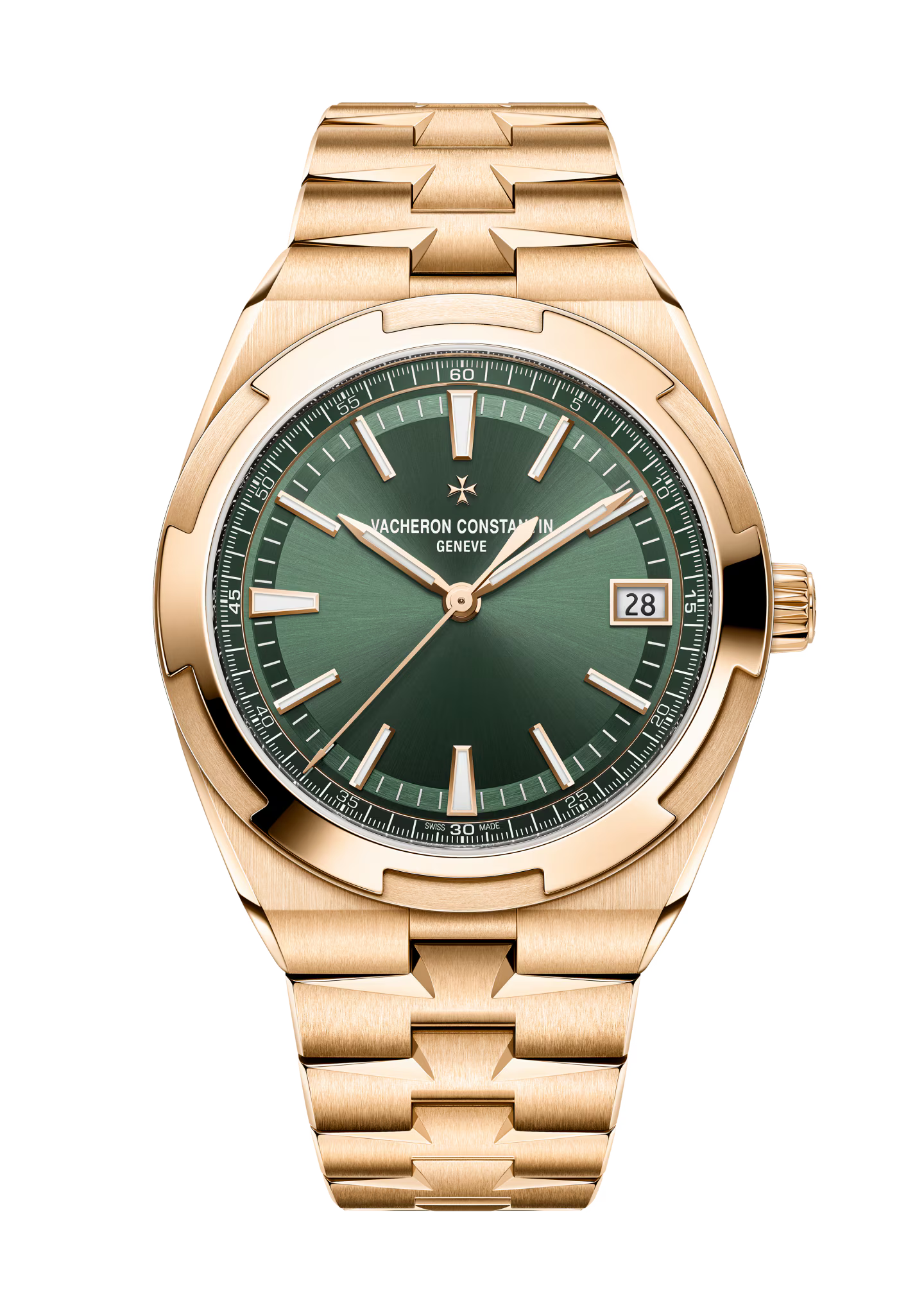 Rose gold watch with green dial, date window, and matching link bracelet.