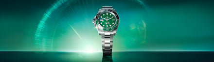 A silver wristwatch with a green face displayed on a reflective surface with a green glowing background.