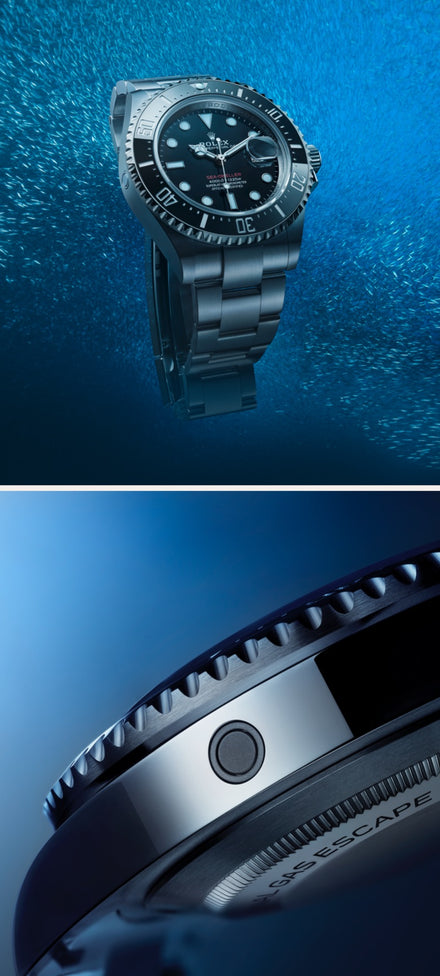 A luxury dive watch underwater and a close-up of its side with Sea-Dweller text visible.