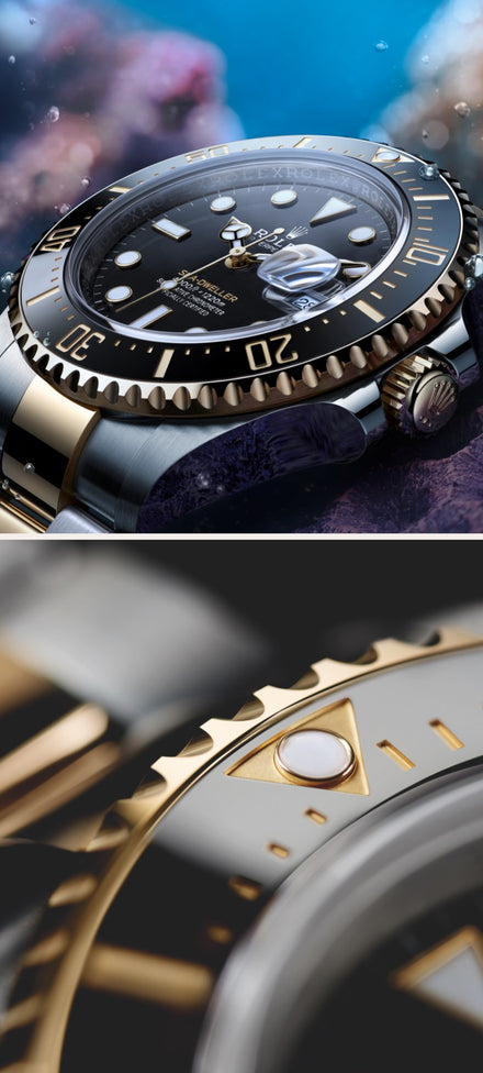 Close-up views of luxury watches with gold and black detailing, featuring highlighted dials and bezels.