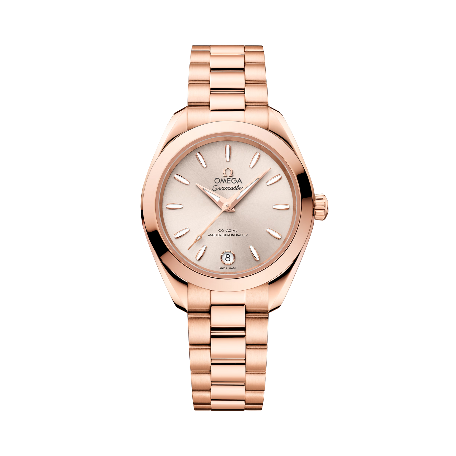 OMEGA Seamaster Aqua Terra 150M 30mm, Sedna™ gold on Sedna™ gold Rose Gold Linen Dial Watch with a Sedna™ gold integrated bracelet.