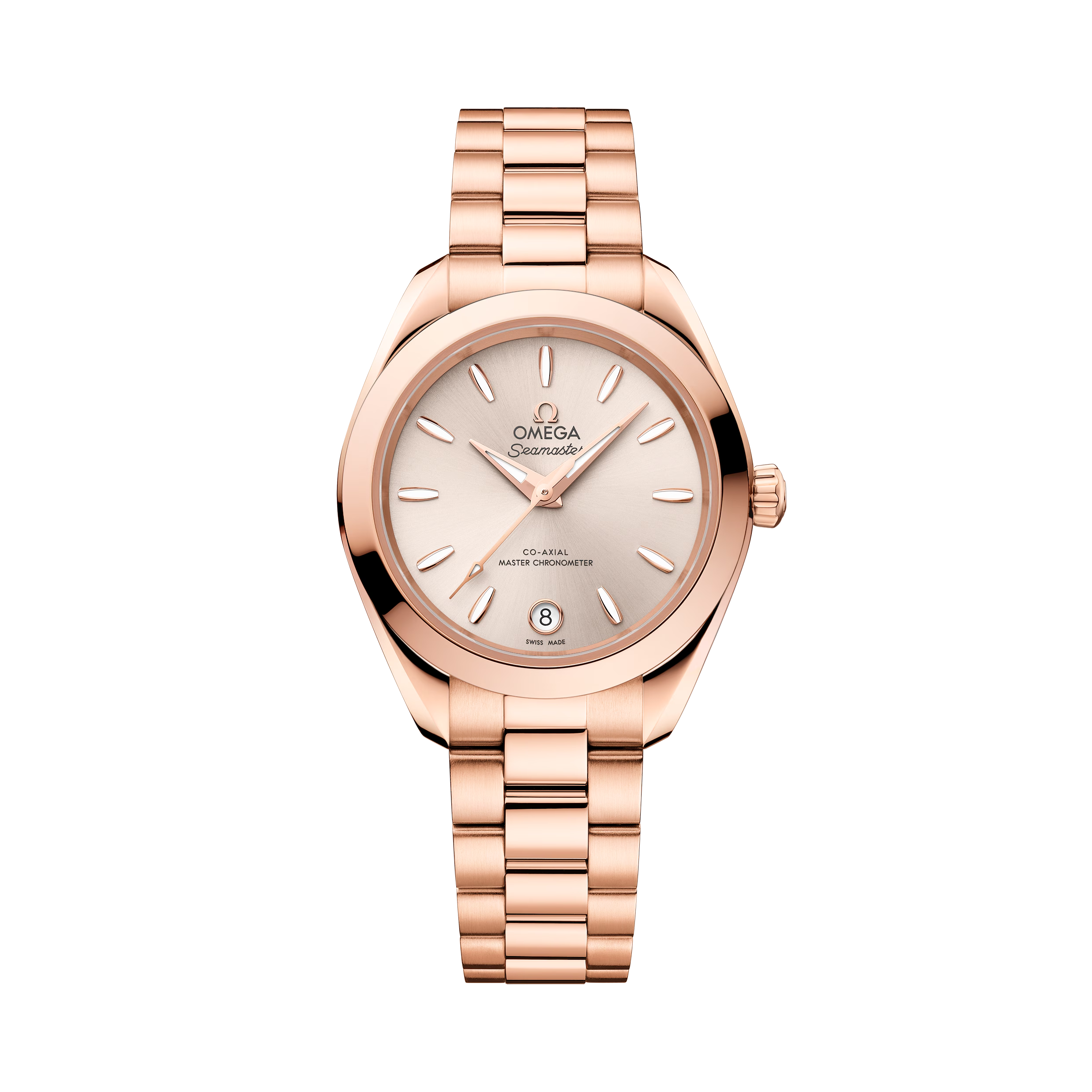 OMEGA Seamaster Aqua Terra 150M 30mm, Sedna™ gold on Sedna™ gold Rose Gold Linen Dial Watch with a Sedna™ gold integrated bracelet.