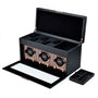 Black watch winder box with three rotating mechanisms, mesh front panel, open lid showing black cushioned watch slots, and se