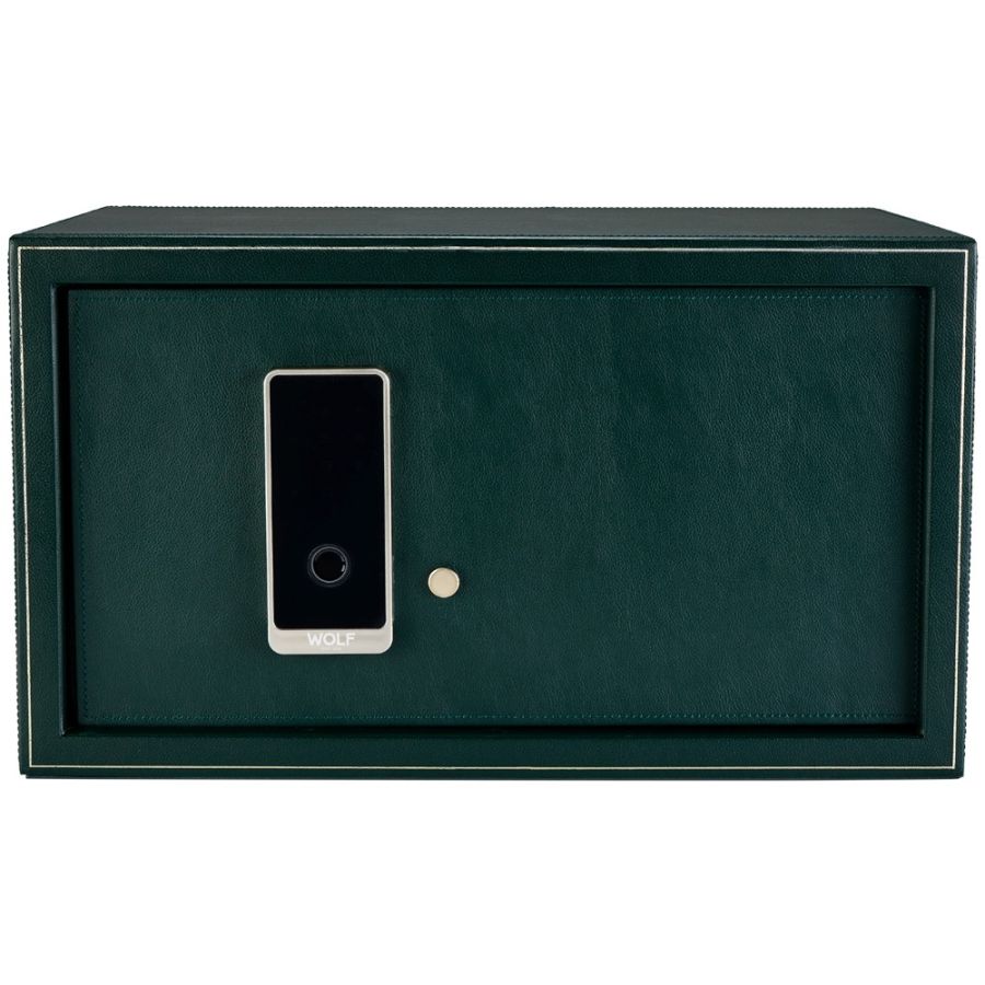 Dark green watch winder safe with digital touchscreen panel and Wolf branding on front face.