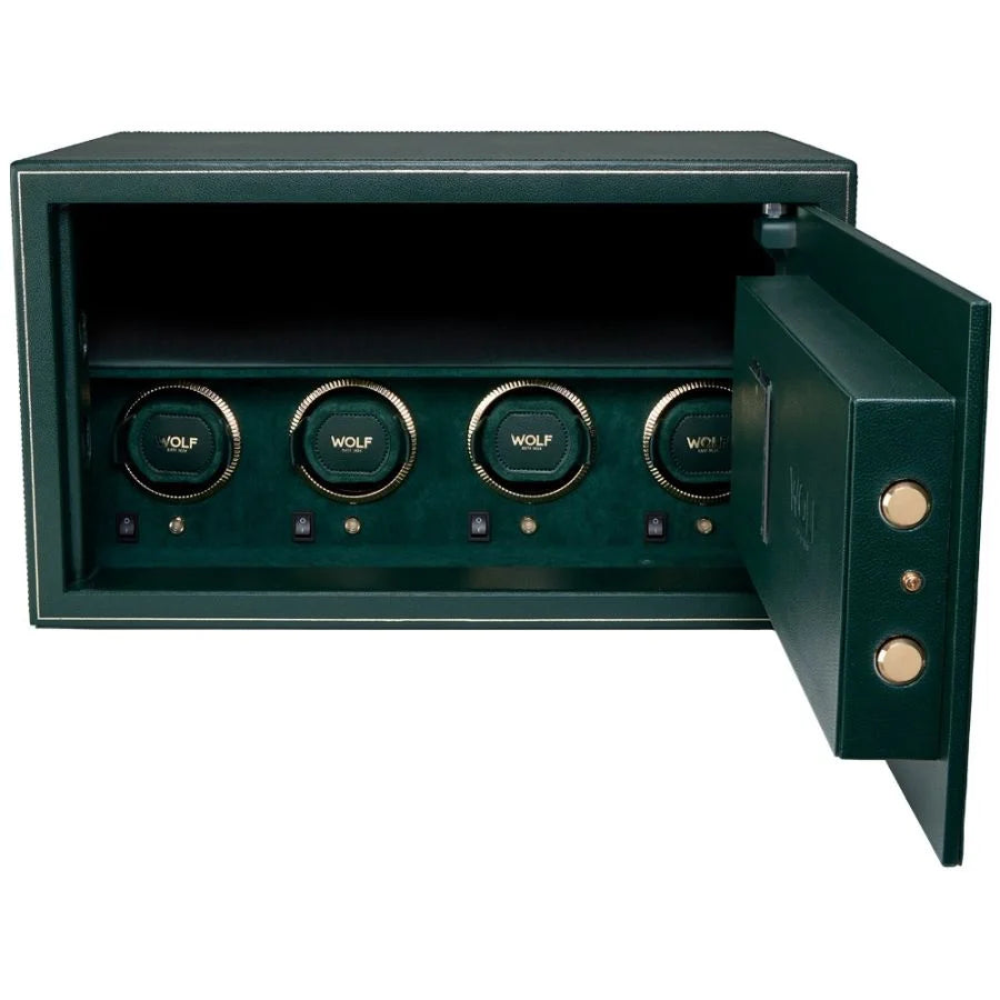 Green watch winder safe with open door revealing four rotating watch winders with control buttons and gold accents.