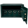 Green watch winder safe with open door revealing four rotating watch winders with control buttons and gold accents.