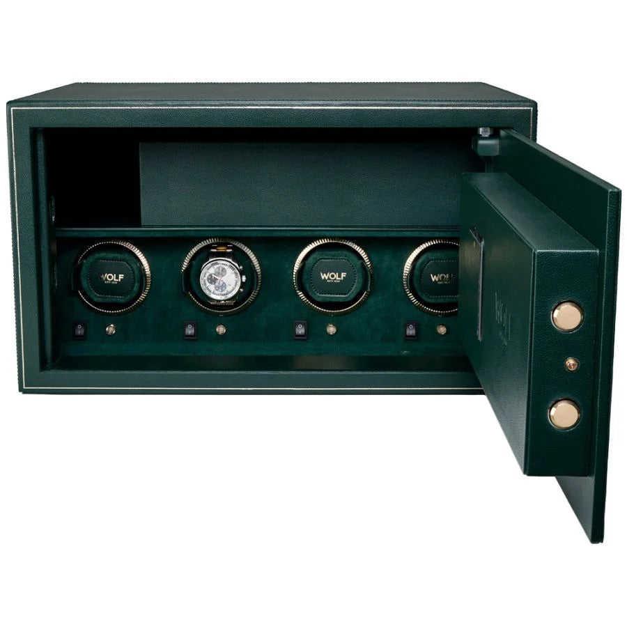Green watch winder safe with four rotating watch compartments, control buttons, and brass hardware on the door.