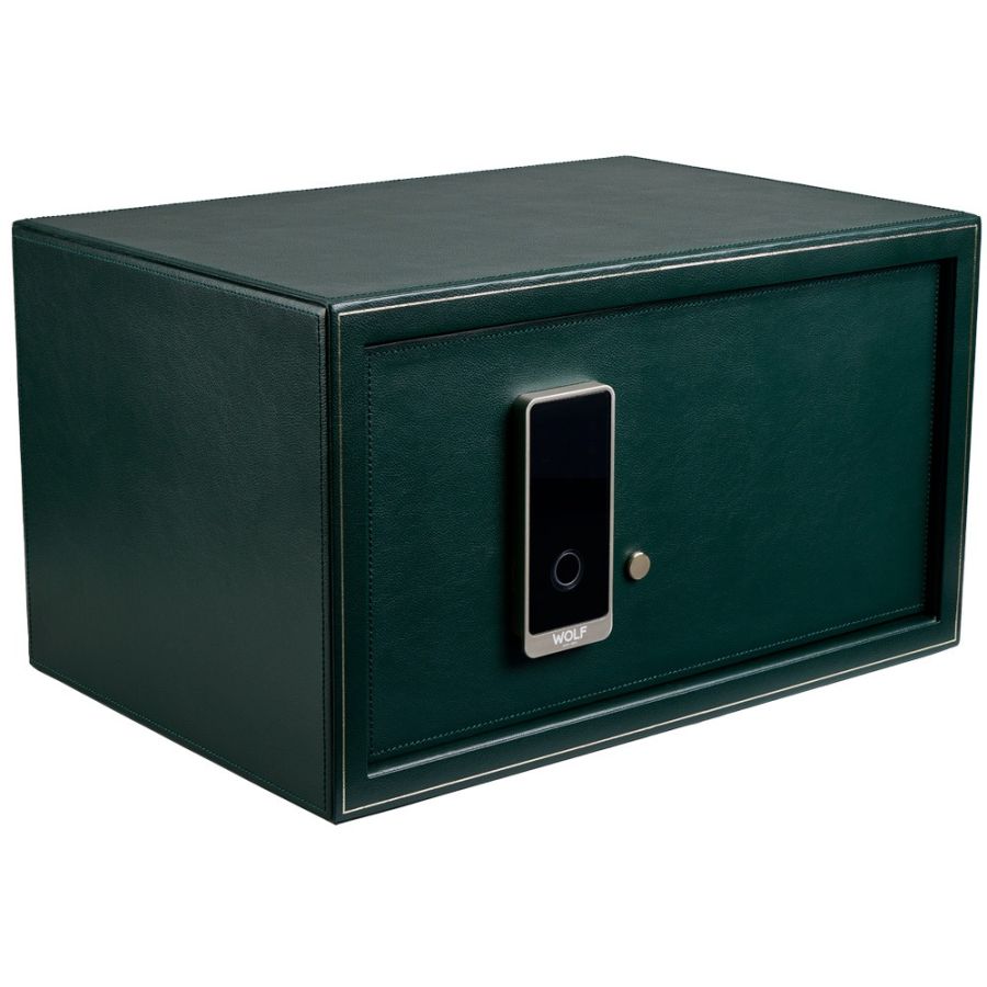 Dark green leather watch winder safe with digital lock and metal hardware on front face.