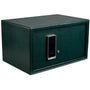 Dark green leather watch winder safe with digital lock and metal hardware on front face.