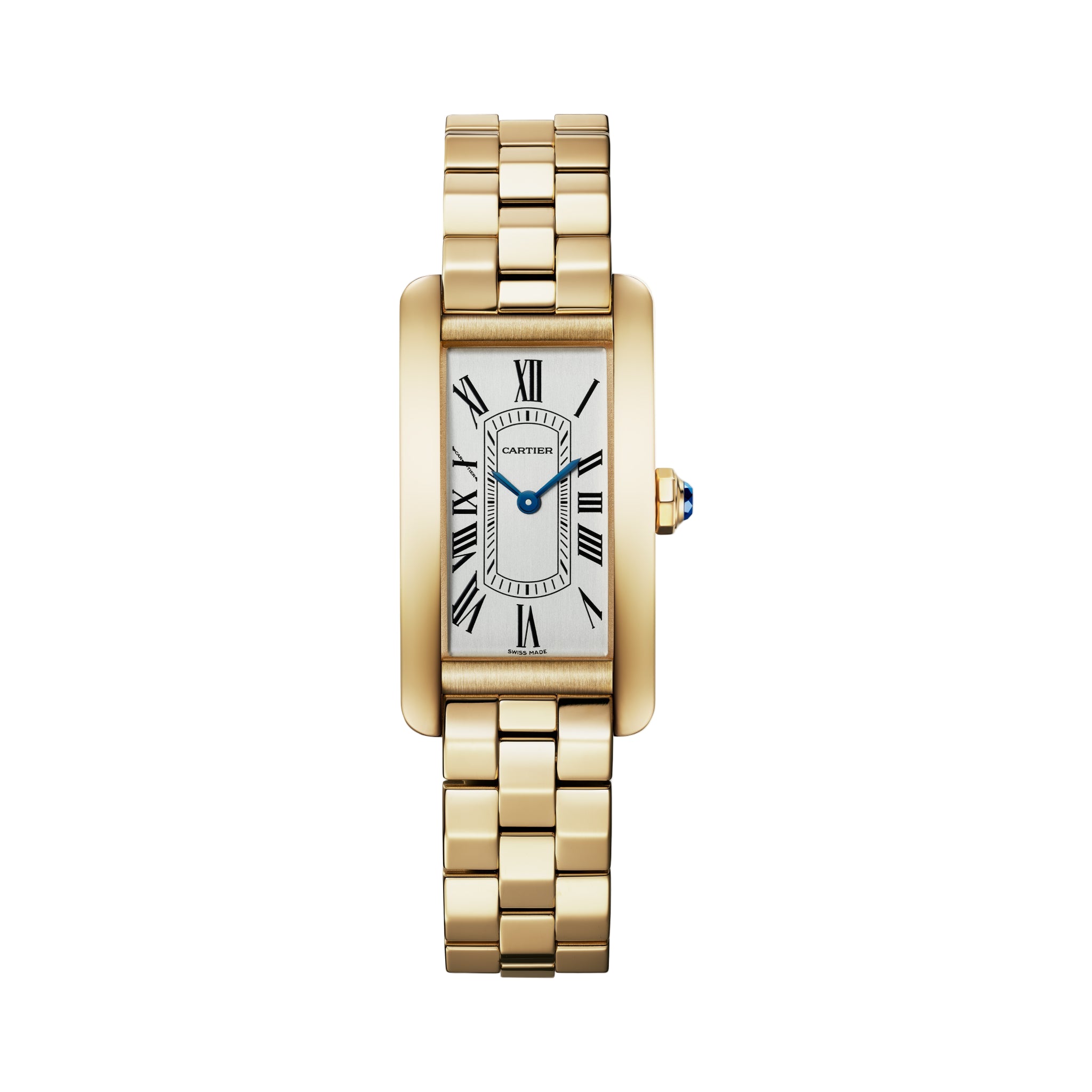 The Cartier Tank Américaine Small Model features a rectangular 18K yellow gold case, white dial with black Roman numerals, blue hands, gold link bracelet, and a blue gem set in the crown.