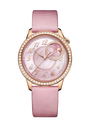 Rose gold watch with pink dial, diamond bezel, moon phase complication, and pink textile strap.