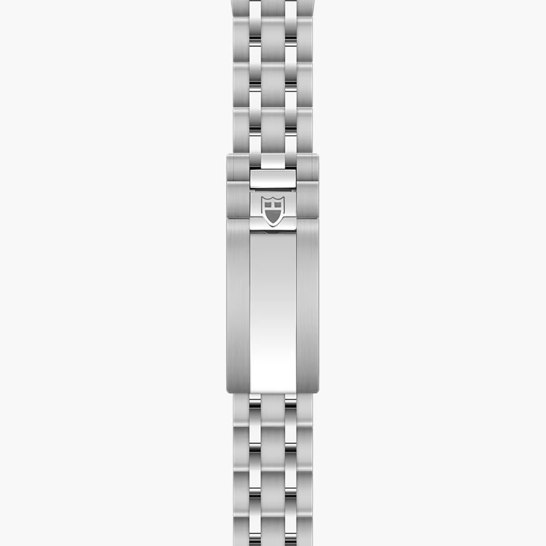 Stainless steel watch bracelet with three-link construction and shield logo clasp.