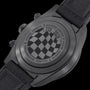 Black Bay Chrono Carbon watch with checkered dial, chronograph pushers, and black rubber strap shown from caseback view.