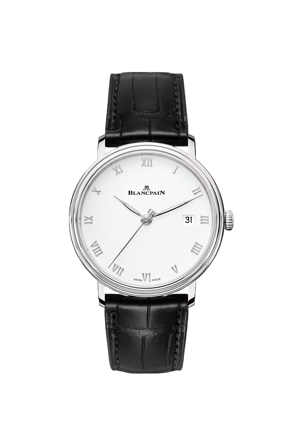 The Blancpain Villeret Ultraplate is a wristwatch with a white dial, silver Roman numerals, date at 3 o’clock, automatic movement, classic analog hands, round silver case, and a black leather strap for timeless elegance.