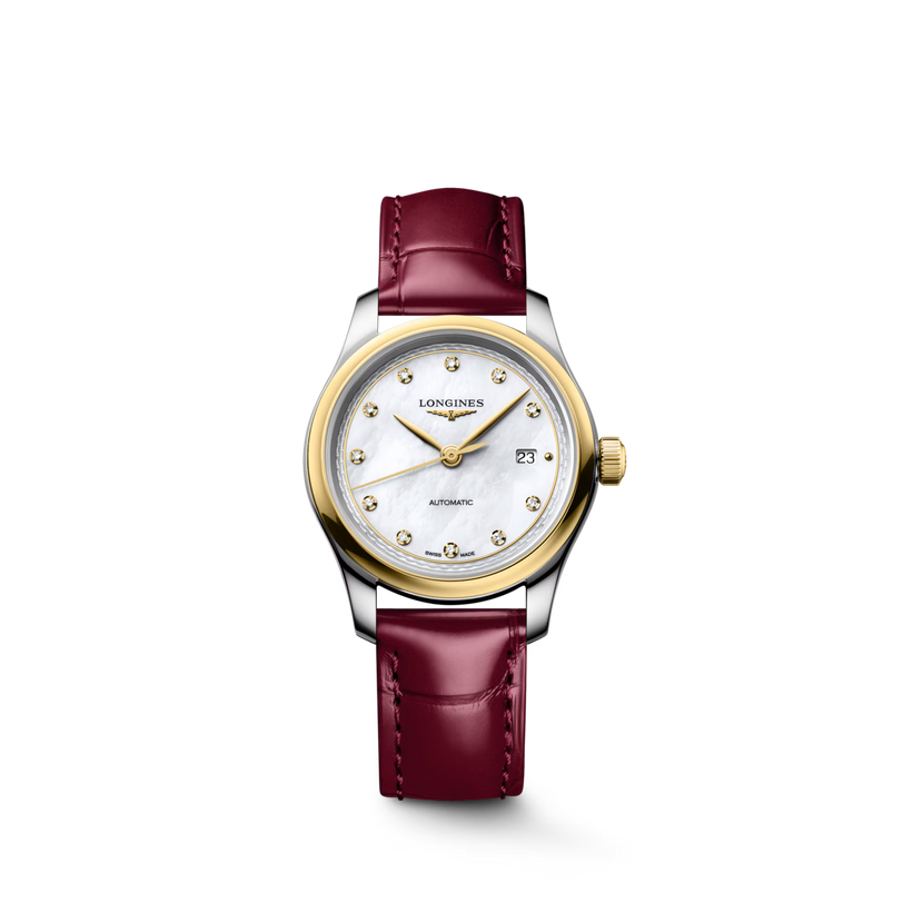 Master | 30mm, Stainless Steel and 18K Yellow Gold, White mother-of-pearl Dial, Bordeaux Alligator Leather, Womens Watch