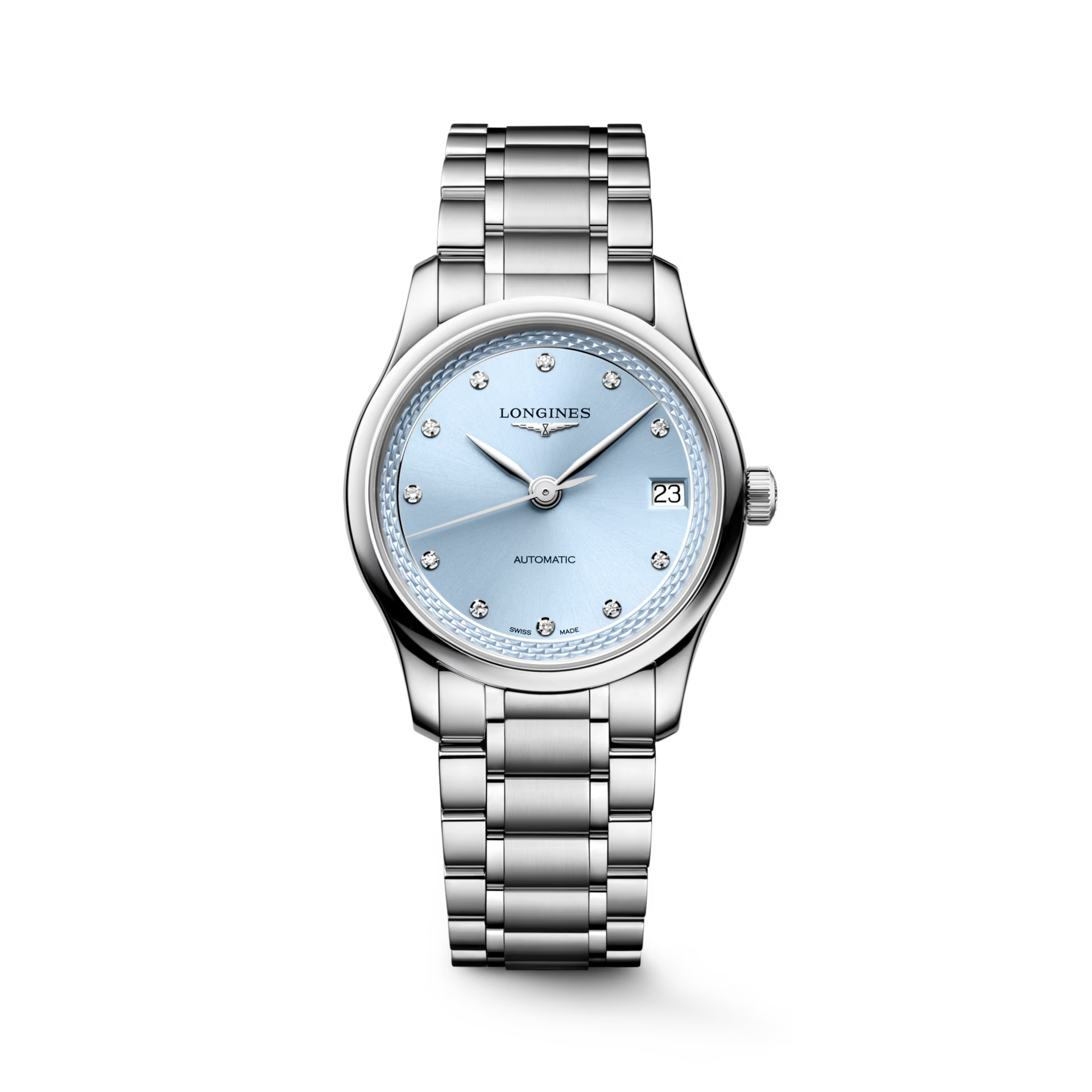 Stainless steel watch with light blue dial, diamond hour markers, date window, and three-link metal bracelet.