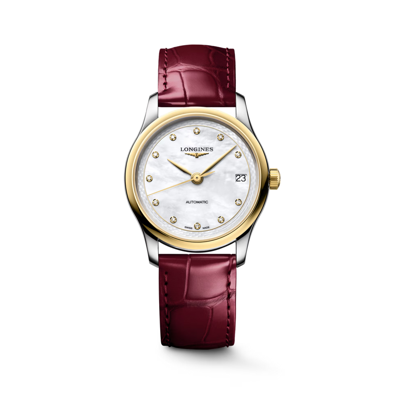 Master | 34mm, Stainless Steel and 18K Yellow Gold, White mother-of-pearl Dial, Bordeaux Alligator Leather, Womens Watch